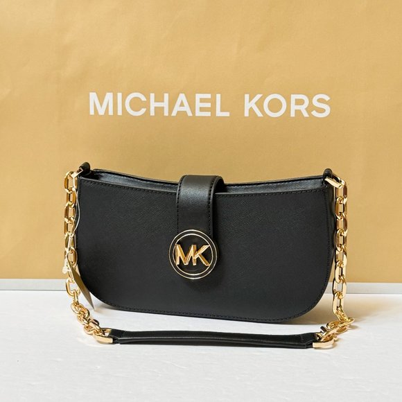 Michael Kors Carmen Small Pouchette Shoulder Chain Bag Black/Gold Toned Hardware - Picture 4 of 14